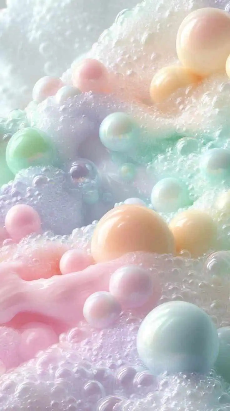 Perles de couleur pastel nichées dans un lit de mousse iridescente.